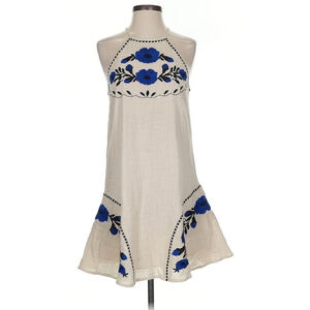 Boho natural linen dress with embroidery indigo florals-sensitive skin